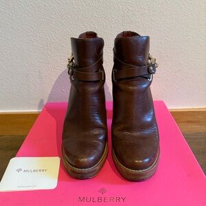 Mulberry Brown Leather Harness Ankle Boots Block Heel Gold Hardware